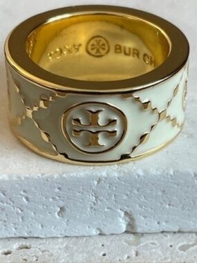 Tory Burch Gold and Cream Logo Wide Band Ring